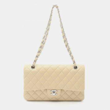 Pre Owned Chanel Classic Double Flap Small Beige Leather Shoulder Bag
