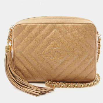 Pre Owned Chanel Vintage CC Tassel Beige Leather Camera Bag