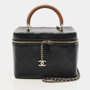 Pre Owned Chanel Vanity Case Black Leather Wooden Top Handle Shoulder Bag