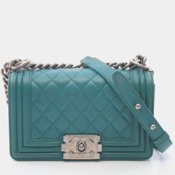 Pre Owned Chanel Boy Small Green Leather Shoulder Bag