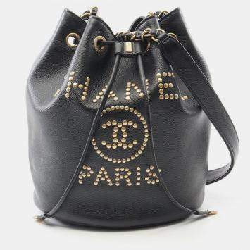 Pre Owned Chanel Deauville Black Leather Shoulder Bag