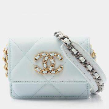 Pre Owned Chanel 19 Blue Leather Coin Purse On Chain