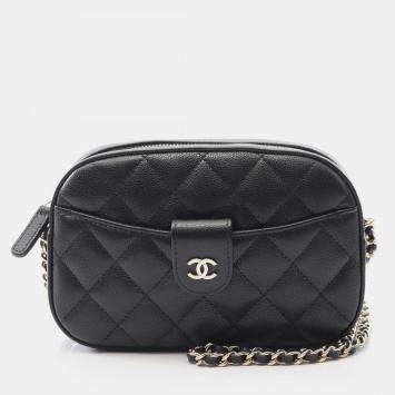 Pre Owned Chanel Black Caviar Quilted Chain Camera Bag 