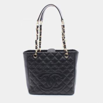 Pre Owned Chanel CC Petite Shopping PST Black Leather Tote Bag
