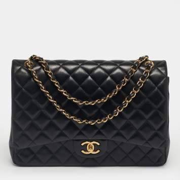 Pre Owned Chanel Black Quilted Leather Maxi Classic Double Flap Bag
