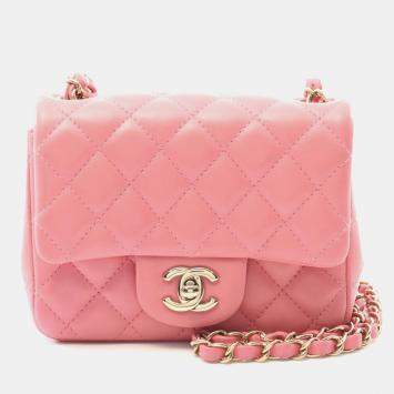 Pre Owned Chanel  Square Flap Mini Pink Lambskin Quilted Bag