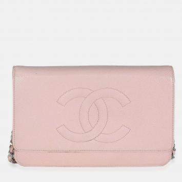 Pre Owned Chanel Pink Quilted Caviar Timeless CC Classic Wallet On Chain