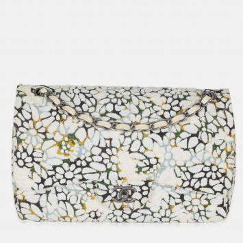 Pre Owned Chanel Multicolor White Cut Out Floral Jumbo Double Flap Bag