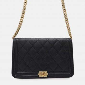 Pre Owned Chanel Boy Matelasse Coco Mark Black Calf Leather Chain Wallet Shoulder Bag