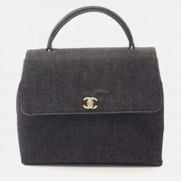 Pre Owned Chanel Coco Mark Gray Denim Handbag 