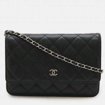 Pre Owned Chanel Matelasse Chain Wallet Shoulder Bag Pochette In Black Caviar Leather