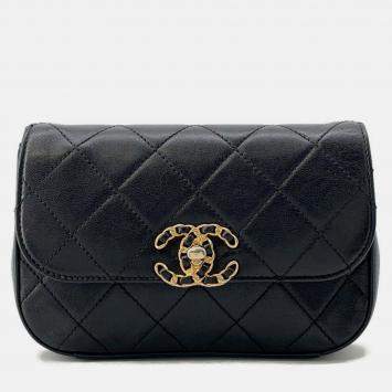 Pre Owned Chanel Waist Bag 19 Matelasse Coco Mark Leather Black