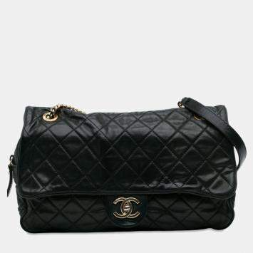 Pre Owned Chanel Black Large Quilted Iridescent Calfskin Shiva Flap