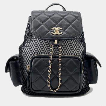 Pre Owned Chanel Backpack Black Mesh Shiny Lambskin