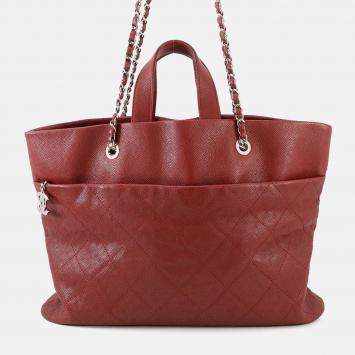 Pre Owned Chanel Matelasse 2Way Chaintote Bag Red Caviar Leather