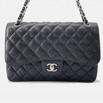 Pre Owned Chanel Matelasse W Flap Chain shoulder Black Caviar Leather Size 30