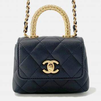 Pre Owned Chanel Coco Handle Chain shoulder Bag Black Lambskin Strass Size Micro