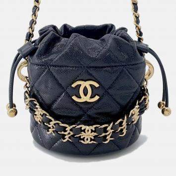 Pre Owned Chanel Matelasse Chain Bucket Bag Black Caviar Leather
