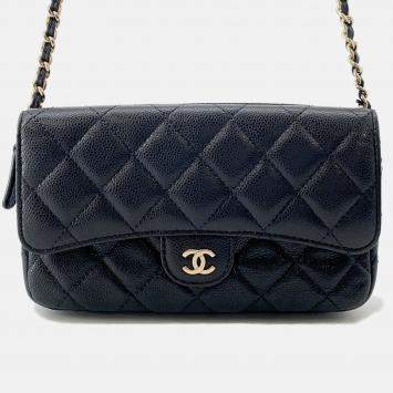 Pre Owned Chanel Matelasse Flap Chain shoulder Phone Pouch Black Caviar Leather