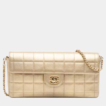 Pre Owned Chanel Gold CC Metallic Lambskin Choco Bar East West Flap