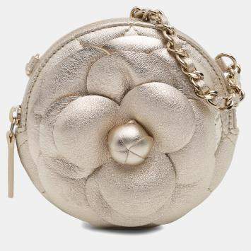 Pre Owned Chanel Gold Mini CC Metallic Lambskin Camellia Bouquet Round Clutch on Chain
