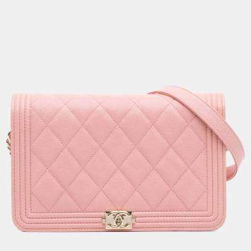 Pre Owned Chanel Pink Quilted Caviar Boy Wallet on Chain