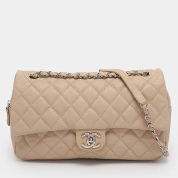Pre Owned Chanel Beige Quilted Caviar Leather Large Easy Flap Bag