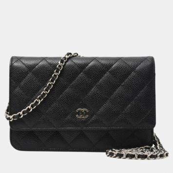 Pre Owned Chanel Classic Chain Wallet Matelasse Caviar Leather Black