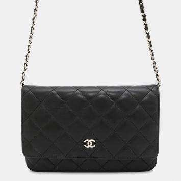 Pre Owned Chanel Chain Wallet Classic Matelasse Coco Mark Lambskin Black