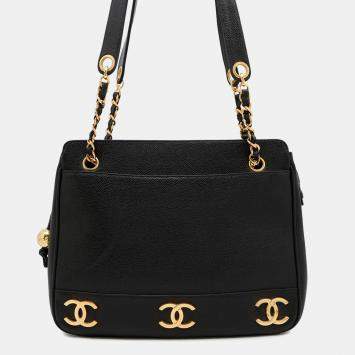 Pre Owned Chanel Chain Tote Bag With Triple Coco Mark And Caviar Leather Double Black