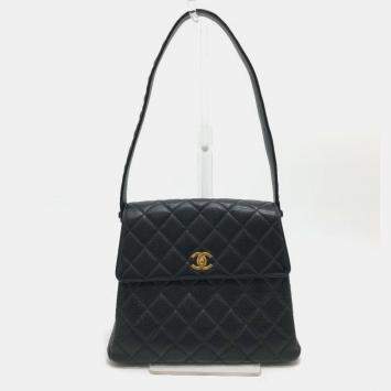 Pre Owned Chanel Coco Mark Matelasse CC Black Caviar Leather Shoulder Bag