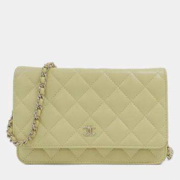 Pre Owned Chanel Timeless Classic Line Yellow Lambskin Leather Chain Wallet