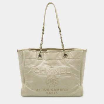 Pre Owned Chanel Deauville Medium Tote Mm Shoulder Bag With Chain Strap White Leather