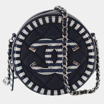 Pre Owned Chanel Navy Blue White Caviar Striped CC Filigree Round Crossbody