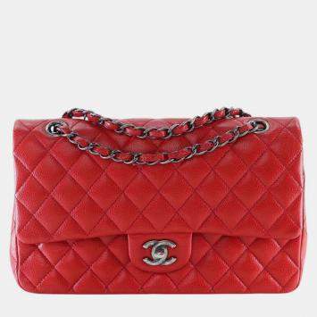Pre Owned Chanel Red Medium Classic Caviar Double Flap