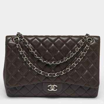 Pre Owned Chanel Dark Brown Quilted Caviar Leather Maxi Classic Single Flap Bag