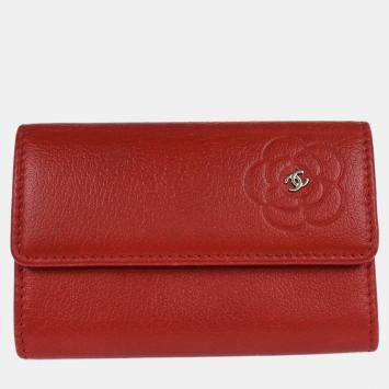 Pre Owned Chanel Red Calfskin Camellia Coin Purse Wallet