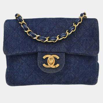 Pre Owned Chanel Indigo Denim Mini Classic Square Flap Shoulder Bag