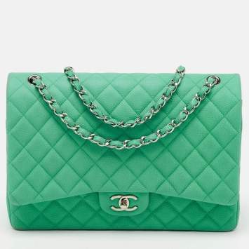 Pre Owned Chanel Green Quilted Caviar Leather Maxi Classic Double Flap Bag