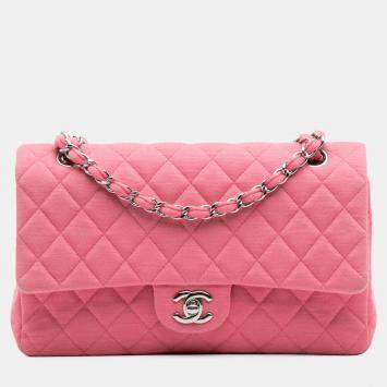 Pre Owned Chanel Pink Medium Classic Jersey Double Flap
