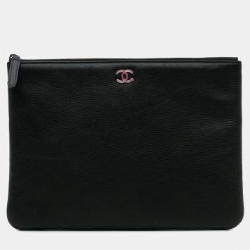 Pre Owned Chanel Black Medium Caviar Lucky Clover O Case Clutch