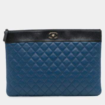 Pre Owned Chanel Blue Large Bicolor Sheepskin Mademoiselle Zip Clutch