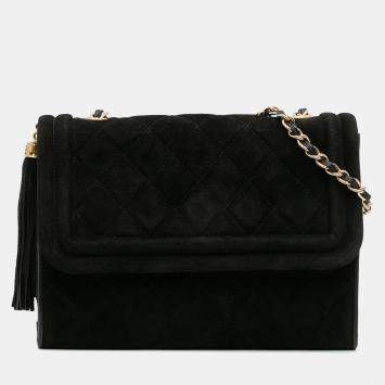 Pre Owned Chanel Black Quilted Suede Tassel Flap