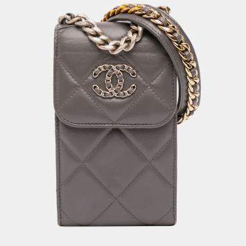 Pre Owned Chanel Grey Lambskin 19 Phone Holder with Chain