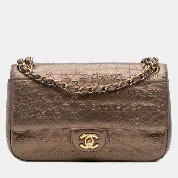 Pre Owned Chanel Brown Paris Dallas Metallic Calfskin Embossed Logo Flap