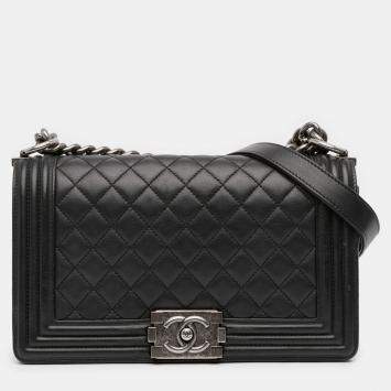 Pre Owned Chanel Black Old Medium Quilted Lambskin Boy Flap