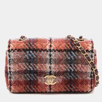 Pre Owned Chanel Orange Mini Rectangular Classic Tweed Single Flap