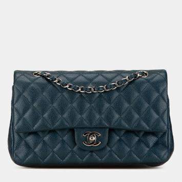 Pre Owned Chanel Blue Medium Classic Caviar Double Flap