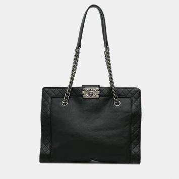 Pre Owned Chanel Black Medium Calfskin Boy Reverso Shopping Tote
