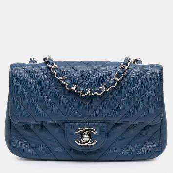 Pre Owned Chanel Blue Mini Rectangular Classic Chevron Caviar Single Flap